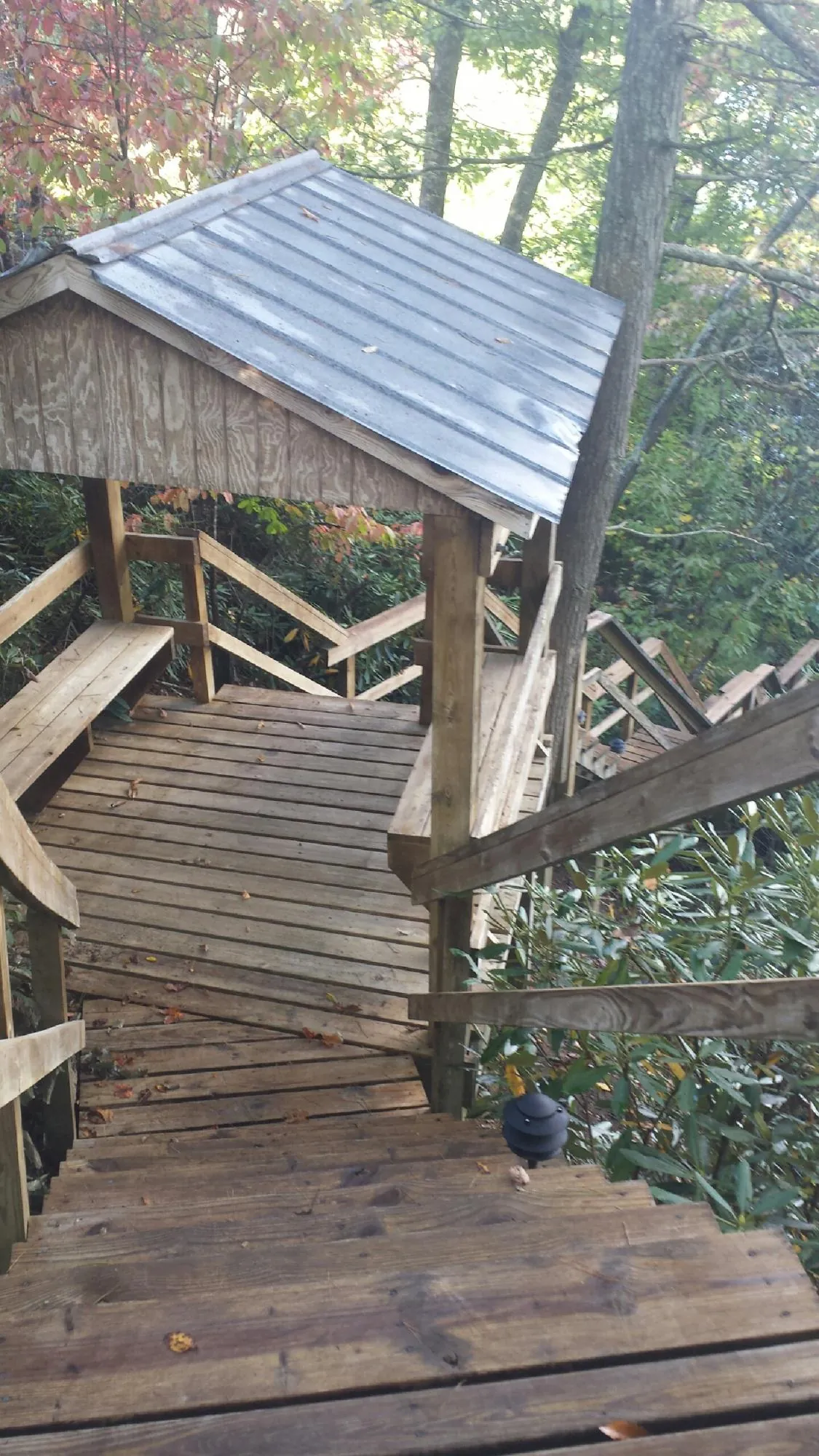 Metal roofed shelter over wooden steps on a wooded walkway — Skylight Repair & Installation work by our crew in Haswell